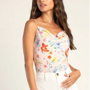 Pink Floral Print Cowl Neck Bodysuit